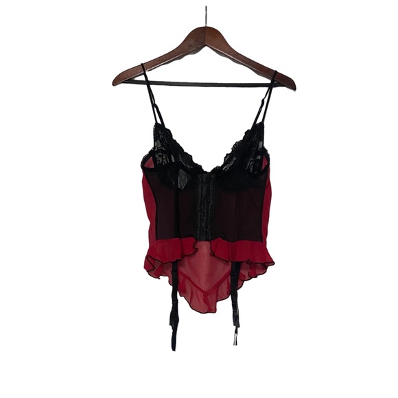 Sexy Vintage 90’s Red & Black Mesh Lace Corset Bustier Garter Straps Lingerie - Picture 12 of 14